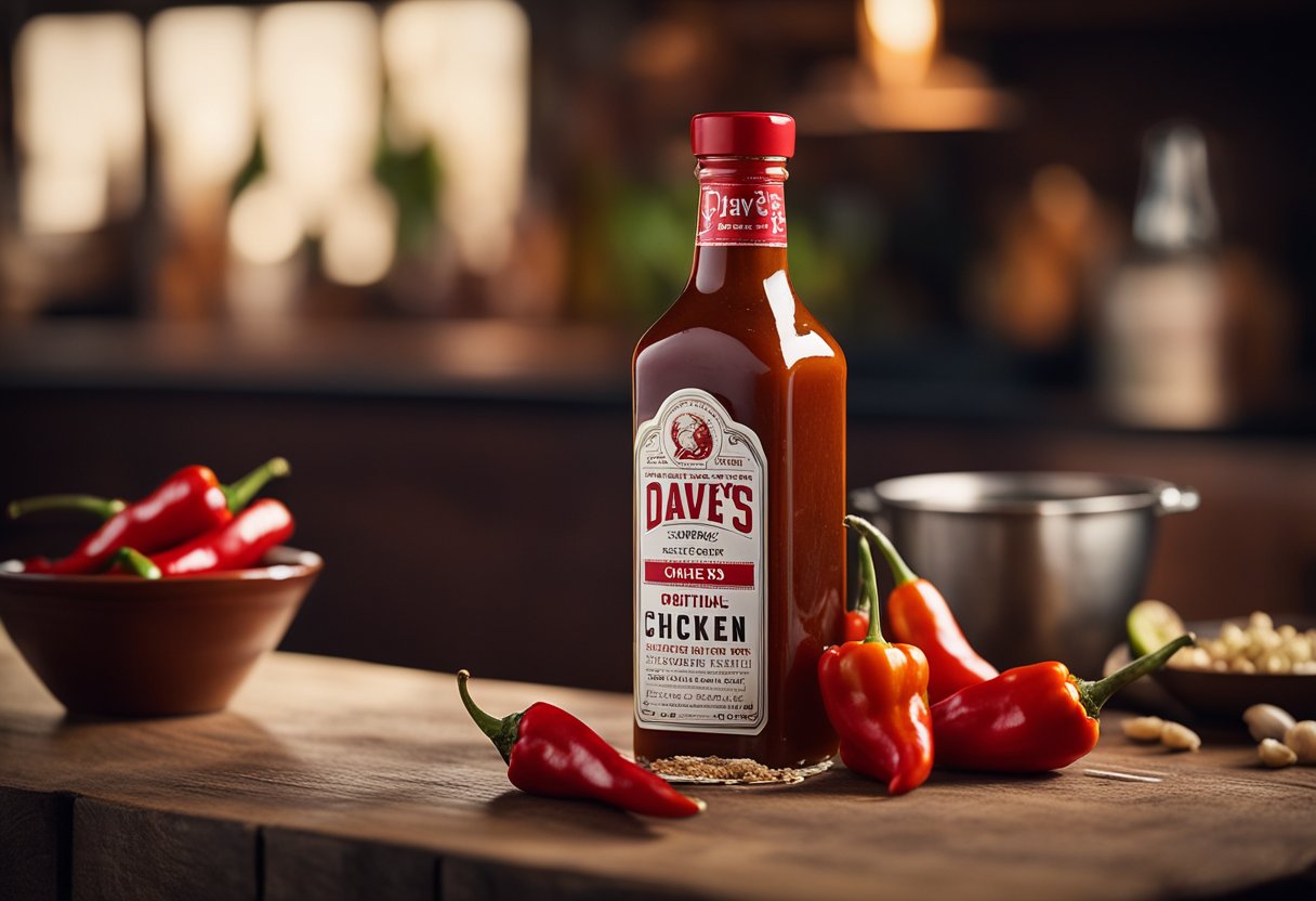 A bottle of Dave's Hot Chicken Sauce sits on a wooden table, surrounded by fresh chili peppers, garlic cloves, and vinegar bottles. A fiery red label with bold lettering catches the eye