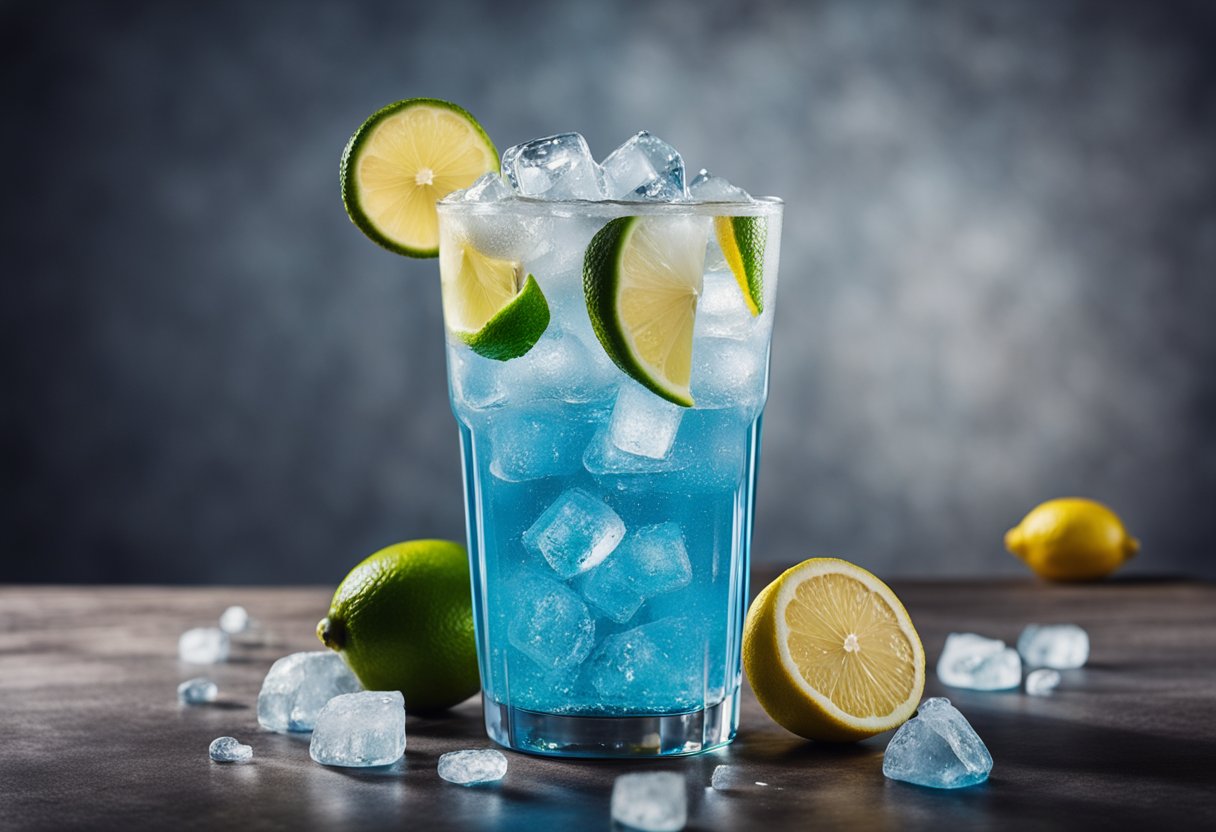 A trash can filled with ice, vodka, rum, gin, tequila, blue curaçao, and lemon-lime soda, garnished with lemon and lime slices