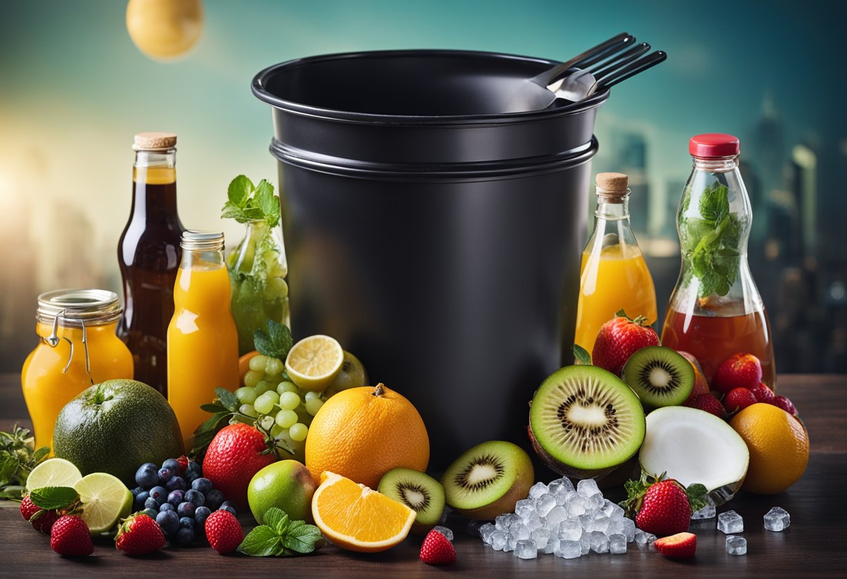 Various ingredients scattered around a trash can, including bottles, fruits, and ice. A mixing spoon and straws nearby