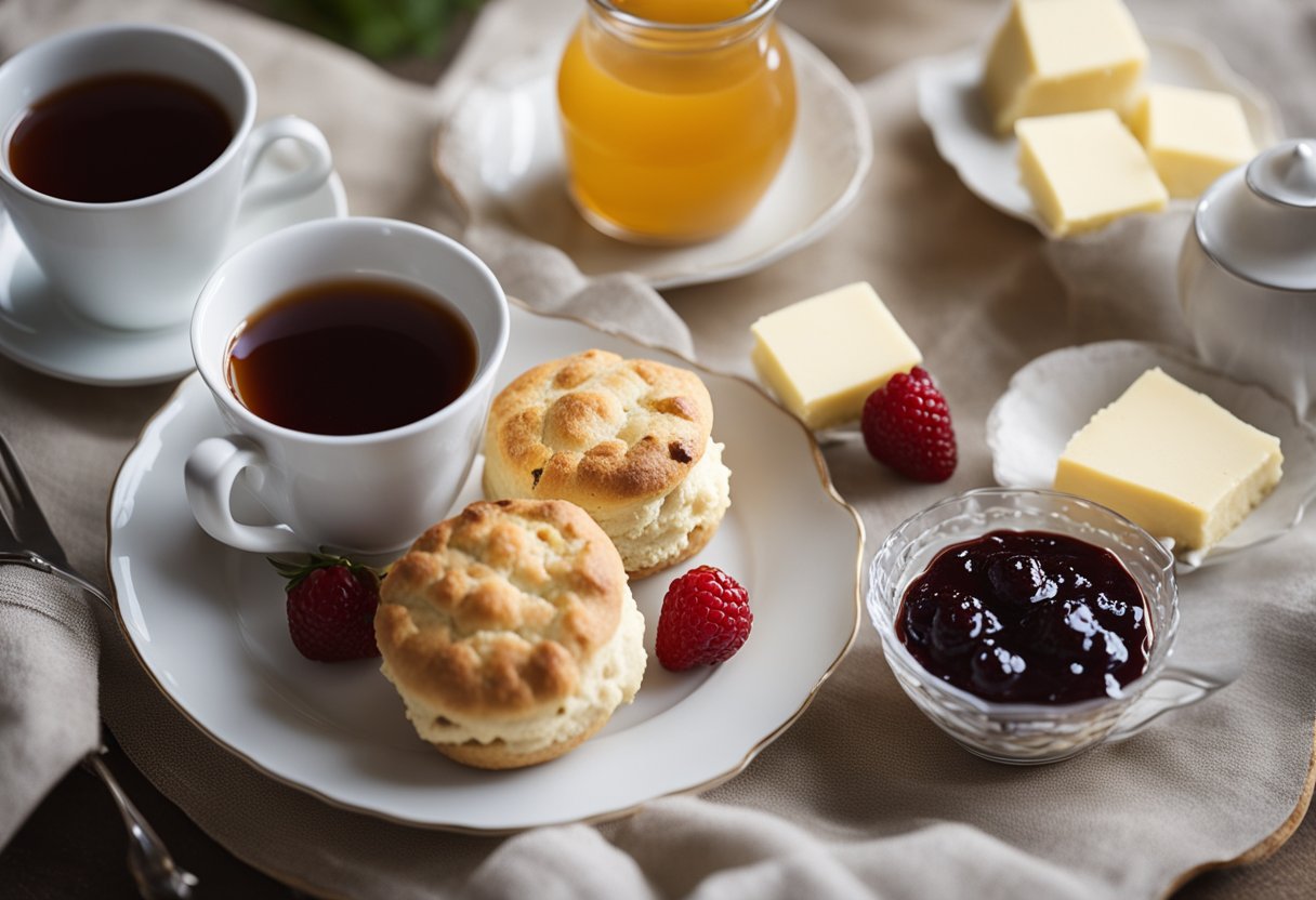 A table set with a freshly baked scone, surrounded by a spread of jam, butter, and clotted cream. A cup of tea sits nearby