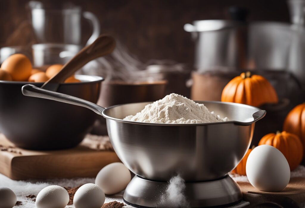 A mixing bowl filled with flour, cocoa powder, sugar, and eggs. A whisk and spatula sit nearby. A Halloween-themed cake pan waits to be filled with the rich chocolate batter