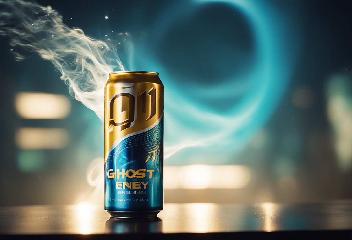 A can of ghost energy drink hovers mid-air, emitting a faint, eerie glow. Wisps of ghostly energy swirl around it, creating an otherworldly and supernatural atmosphere