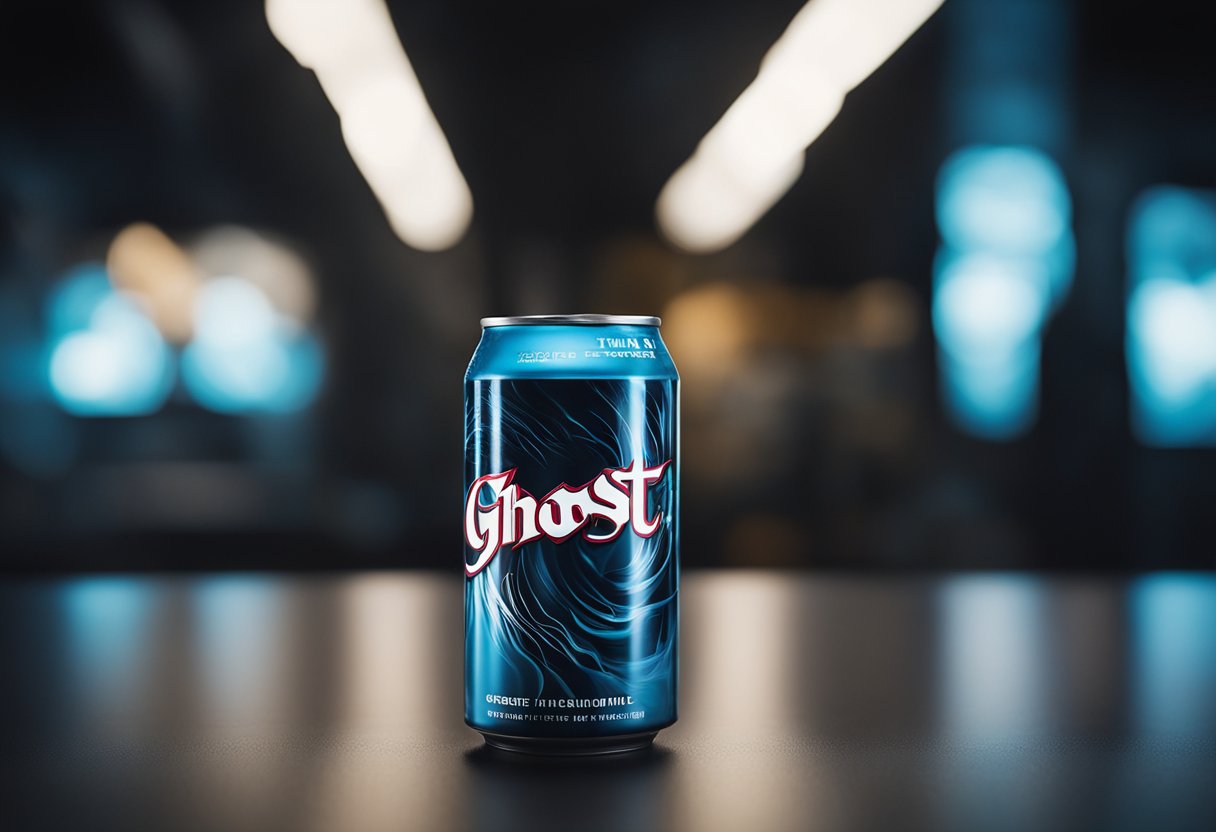 A can of Ghost Energy Drink sits on a dark, eerie background, with wisps of ghostly energy swirling around it. The can is glowing with an otherworldly light, giving off an ominous and mysterious vibe