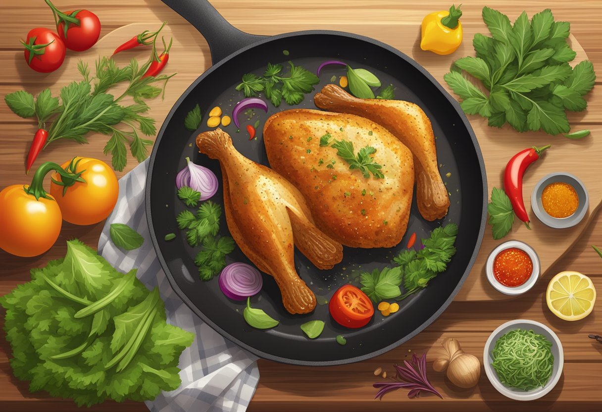 A golden-brown chicken cutlet sizzling in a hot skillet, surrounded by fresh herbs, spices, and colorful vegetables on a wooden cutting board